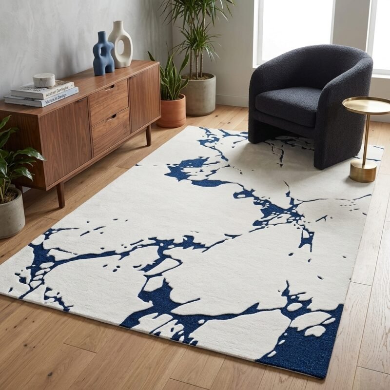 Modern White & Navy Abstract Crackle Design Soft | Hand Tufted Carpet & Rug | Premium quality Qualeen | All Sizes |
