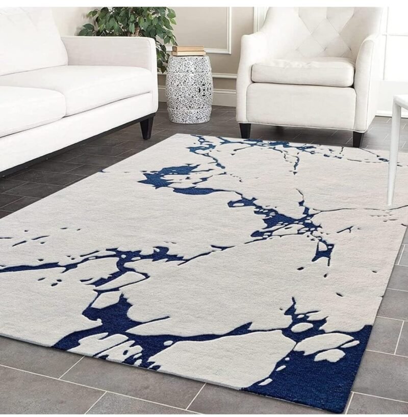 Modern White & Navy Abstract Crackle Design Soft | Hand Tufted Carpet & Rug | Premium quality Qualeen | All Sizes |