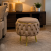 Half Knotted Ottoman Velvet Puffy Stool Set of 2 | Round Upholstered Foot Rest with Golden Metal Accent & Solid Wood Legs | Luxury Ottoman for Living Room, Bedroom, Makeup Vanity & Dressing Table | 15 x 15 Inch (38 x 38 cm)