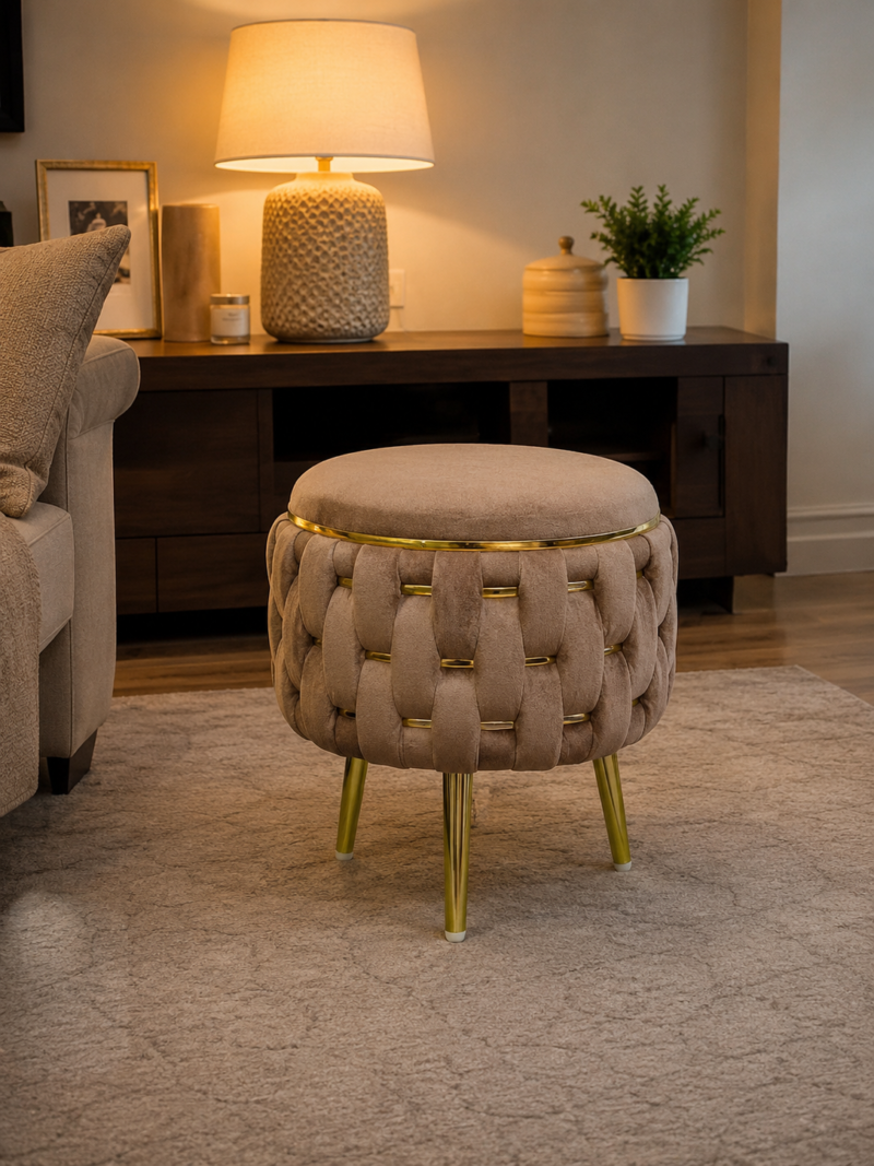 Half Knotted Ottoman Velvet Puffy Stool Set of 2 | Round Upholstered Foot Rest with Golden Metal Accent & Solid Wood Legs | Luxury Ottoman for Living Room, Bedroom, Makeup Vanity & Dressing Table | 15 x 15 Inch (38 x 38 cm)