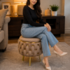 Half Knotted Ottoman Velvet Puffy Stool Set of 2 | Round Upholstered Foot Rest with Golden Metal Accent & Solid Wood Legs | Luxury Ottoman for Living Room, Bedroom, Makeup Vanity & Dressing Table | 15 x 15 Inch (38 x 38 cm)