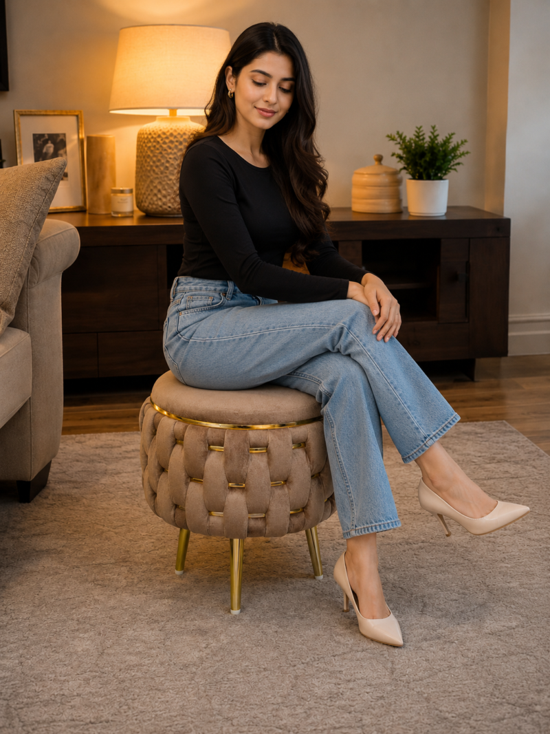 Half Knotted Ottoman Velvet Puffy Stool Set of 2 | Round Upholstered Foot Rest with Golden Metal Accent & Solid Wood Legs | Luxury Ottoman for Living Room, Bedroom, Makeup Vanity & Dressing Table | 15 x 15 Inch (38 x 38 cm)