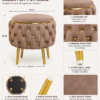 Half Knotted Ottoman Velvet Puffy Stool Set of 2 | Round Upholstered Foot Rest with Golden Metal Accent & Solid Wood Legs | Luxury Ottoman for Living Room, Bedroom, Makeup Vanity & Dressing Table | 15 x 15 Inch (38 x 38 cm)