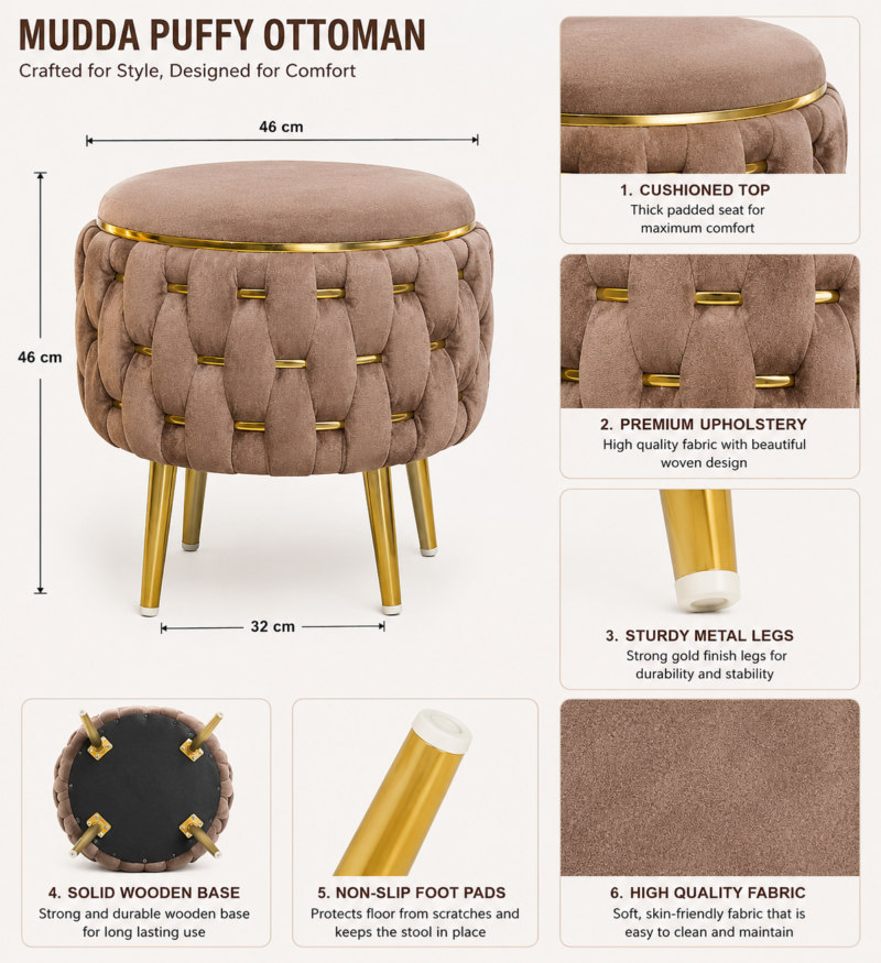 Half Knotted Ottoman Velvet Puffy Stool Set of 2 | Round Upholstered Foot Rest with Golden Metal Accent & Solid Wood Legs | Luxury Ottoman for Living Room, Bedroom, Makeup Vanity & Dressing Table | 15 x 15 Inch (38 x 38 cm)
