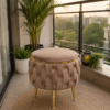 Half Knotted Ottoman Velvet Puffy Stool Set of 2 | Round Upholstered Foot Rest with Golden Metal Accent & Solid Wood Legs | Luxury Ottoman for Living Room, Bedroom, Makeup Vanity & Dressing Table | 15 x 15 Inch (38 x 38 cm)