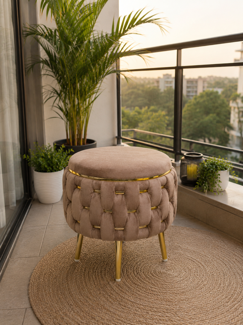 Half Knotted Ottoman Velvet Puffy Stool Set of 2 | Round Upholstered Foot Rest with Golden Metal Accent & Solid Wood Legs | Luxury Ottoman for Living Room, Bedroom, Makeup Vanity & Dressing Table | 15 x 15 Inch (38 x 38 cm)