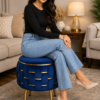Half Knotted Ottoman Velvet Puffy Stool Set of 2 | Round Upholstered Foot Rest with Golden Metal Accent & Solid Wood Legs | Luxury Ottoman for Living Room, Bedroom, Makeup Vanity & Dressing Table | 15 x 15 Inch (38 x 38 cm)