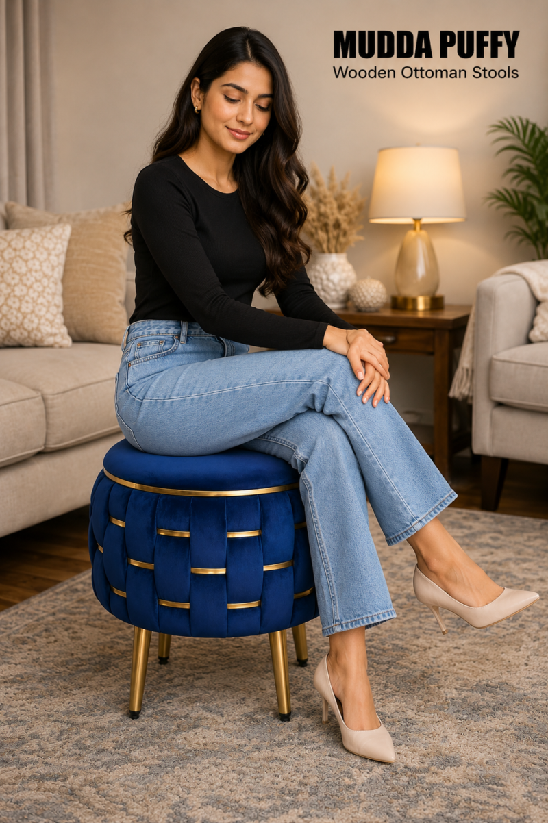 Half Knotted Ottoman Velvet Puffy Stool Set of 2 | Round Upholstered Foot Rest with Golden Metal Accent & Solid Wood Legs | Luxury Ottoman for Living Room, Bedroom, Makeup Vanity & Dressing Table | 15 x 15 Inch (38 x 38 cm)