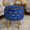 Half Knotted Ottoman Velvet Puffy Stool Set of 2 | Round Upholstered Foot Rest with Golden Metal Accent & Solid Wood Legs | Luxury Ottoman for Living Room, Bedroom, Makeup Vanity & Dressing Table | 15 x 15 Inch (38 x 38 cm)