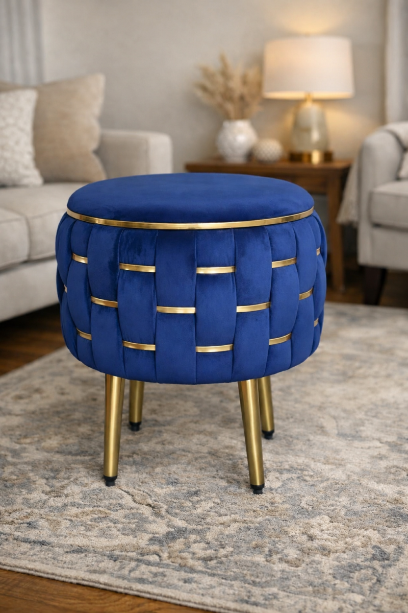 Half Knotted Ottoman Velvet Puffy Stool Set of 2 | Round Upholstered Foot Rest with Golden Metal Accent & Solid Wood Legs | Luxury Ottoman for Living Room, Bedroom, Makeup Vanity & Dressing Table | 15 x 15 Inch (38 x 38 cm)
