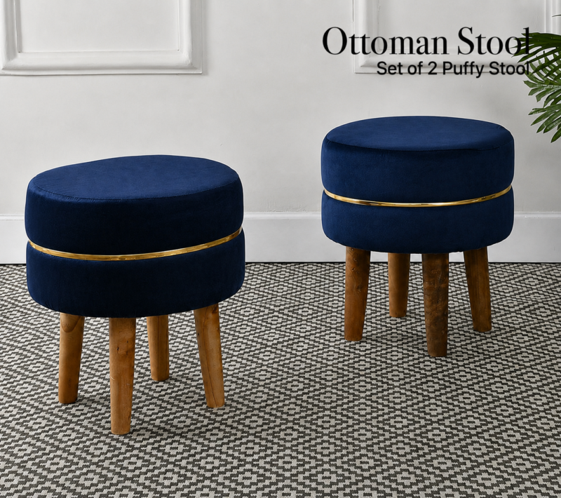 Velvet Ottoman Stool | Round Foot Rest for Living Room | Dressing Table Makeup Stool | Upholstered Puffy Seat with Solid Wood Legs | Bedroom, Vanity & Home Decor | 38 x 38 cm (15 x 15 Inch) Set of 2