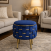 Half Knotted Ottoman Velvet Puffy Stool Set of 2 | Round Upholstered Foot Rest with Golden Metal Accent & Solid Wood Legs | Luxury Ottoman for Living Room, Bedroom, Makeup Vanity & Dressing Table | 15 x 15 Inch (38 x 38 cm)