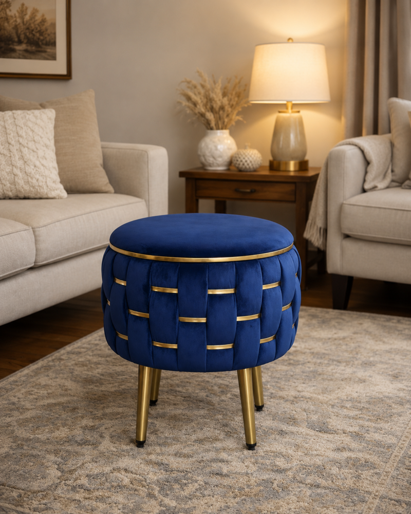 Half Knotted Ottoman Velvet Puffy Stool Set of 2 | Round Upholstered Foot Rest with Golden Metal Accent & Solid Wood Legs | Luxury Ottoman for Living Room, Bedroom, Makeup Vanity & Dressing Table | 15 x 15 Inch (38 x 38 cm)