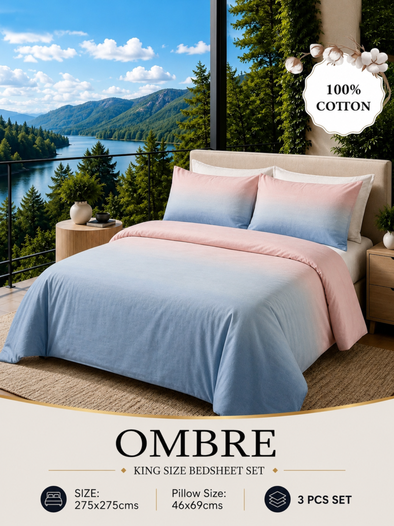 OMBRE Pure Cotton Premium size Bedsheet with 2 Pillow Covers | 300 TC | Textured Print | 108 x 108 Inches | Soft, Breathable, Skin Friendly & Fade Resistant | PVC Packing |