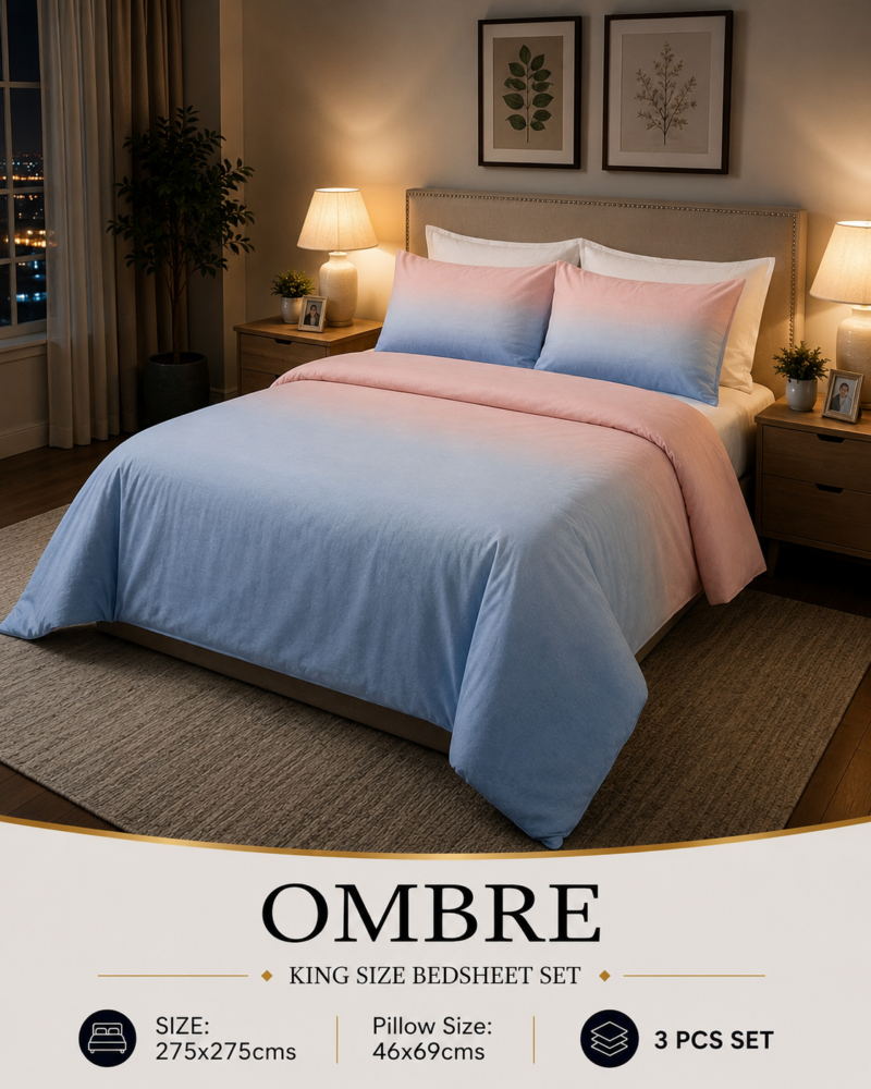 OMBRE Pure Cotton Premium size Bedsheet with 2 Pillow Covers | 300 TC | Textured Print | 108 x 108 Inches | Soft, Breathable, Skin Friendly & Fade Resistant | PVC Packing |