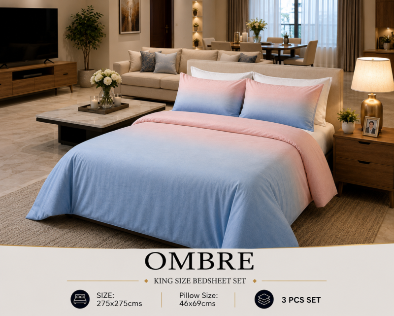 OMBRE Pure Cotton Premium size Bedsheet with 2 Pillow Covers | 300 TC | Textured Print | 108 x 108 Inches | Soft, Breathable, Skin Friendly & Fade Resistant | PVC Packing |