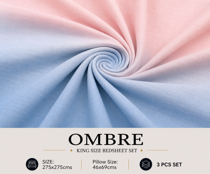 OMBRE Pure Cotton Premium size Bedsheet with 2 Pillow Covers | 300 TC | Textured Print | 108 x 108 Inches | Soft, Breathable, Skin Friendly & Fade Resistant | PVC Packing |