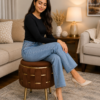 Half Knotted Ottoman Velvet Puffy Stool Set of 2 | Round Upholstered Foot Rest with Golden Metal Accent & Solid Wood Legs | Luxury Ottoman for Living Room, Bedroom, Makeup Vanity & Dressing Table | 15 x 15 Inch (38 x 38 cm)