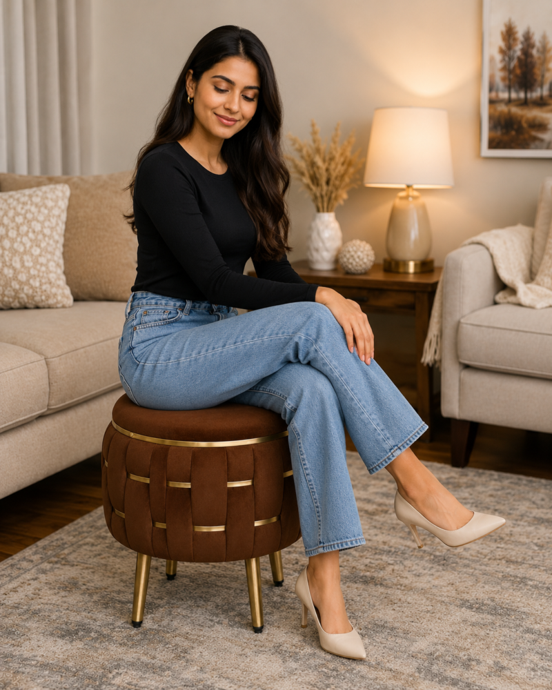 Half Knotted Ottoman Velvet Puffy Stool Set of 2 | Round Upholstered Foot Rest with Golden Metal Accent & Solid Wood Legs | Luxury Ottoman for Living Room, Bedroom, Makeup Vanity & Dressing Table | 15 x 15 Inch (38 x 38 cm)