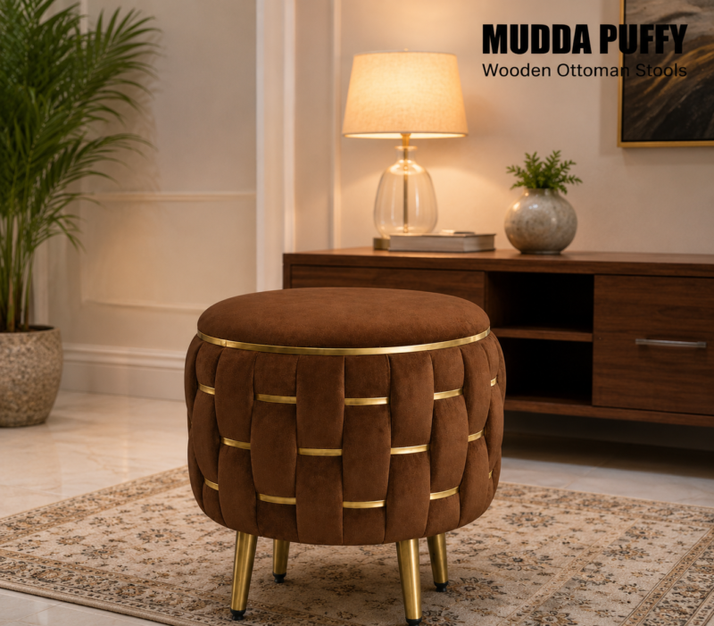 Half Knotted Ottoman Velvet Puffy Stool Set of 2 | Round Upholstered Foot Rest with Golden Metal Accent & Solid Wood Legs | Luxury Ottoman for Living Room, Bedroom, Makeup Vanity & Dressing Table | 15 x 15 Inch (38 x 38 cm)