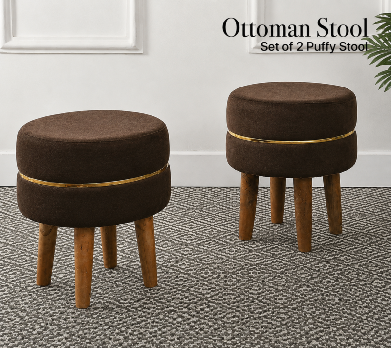Velvet Ottoman Stool | Round Foot Rest for Living Room | Dressing Table Makeup Stool | Upholstered Puffy Seat with Solid Wood Legs | Bedroom, Vanity & Home Decor | 38 x 38 cm (15 x 15 Inch) Set of 2