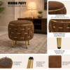 Half Knotted Ottoman Velvet Puffy Stool Set of 2 | Round Upholstered Foot Rest with Golden Metal Accent & Solid Wood Legs | Luxury Ottoman for Living Room, Bedroom, Makeup Vanity & Dressing Table | 15 x 15 Inch (38 x 38 cm)