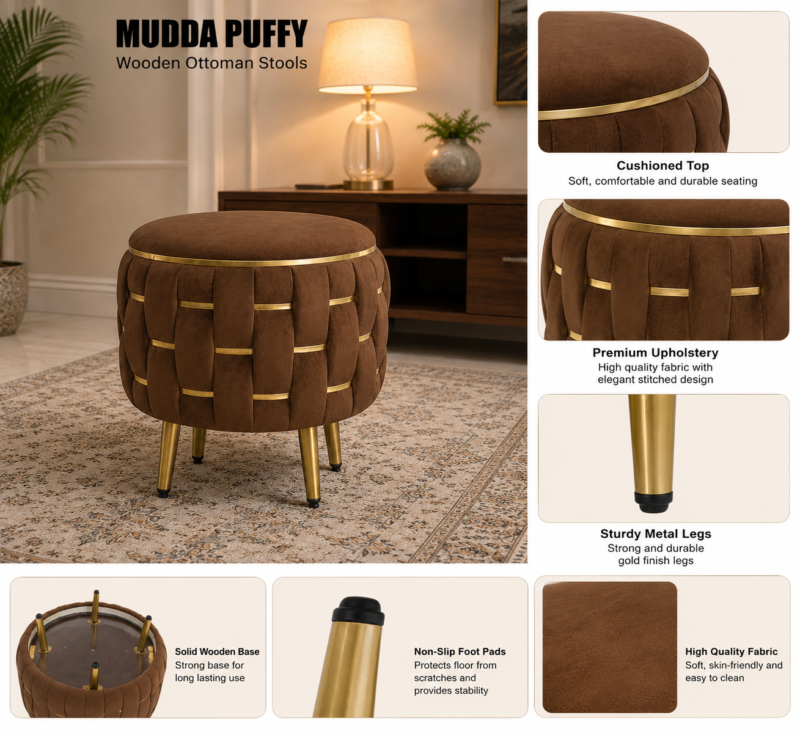 Half Knotted Ottoman Velvet Puffy Stool Set of 2 | Round Upholstered Foot Rest with Golden Metal Accent & Solid Wood Legs | Luxury Ottoman for Living Room, Bedroom, Makeup Vanity & Dressing Table | 15 x 15 Inch (38 x 38 cm)