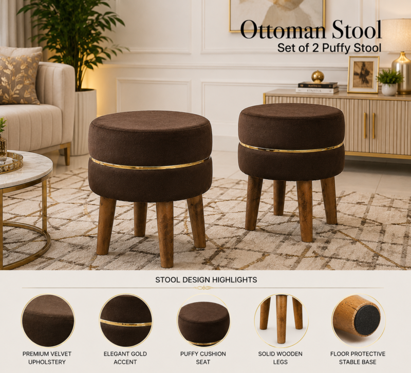 Velvet Ottoman Stool | Round Foot Rest for Living Room | Dressing Table Makeup Stool | Upholstered Puffy Seat with Solid Wood Legs | Bedroom, Vanity & Home Decor | 38 x 38 cm (15 x 15 Inch) Set of 2