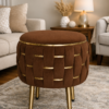 Half Knotted Ottoman Velvet Puffy Stool Set of 2 | Round Upholstered Foot Rest with Golden Metal Accent & Solid Wood Legs | Luxury Ottoman for Living Room, Bedroom, Makeup Vanity & Dressing Table | 15 x 15 Inch (38 x 38 cm)