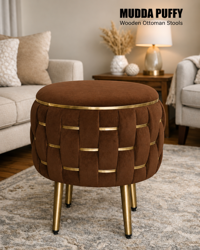 Half Knotted Ottoman Velvet Puffy Stool Set of 2 | Round Upholstered Foot Rest with Golden Metal Accent & Solid Wood Legs | Luxury Ottoman for Living Room, Bedroom, Makeup Vanity & Dressing Table | 15 x 15 Inch (38 x 38 cm)