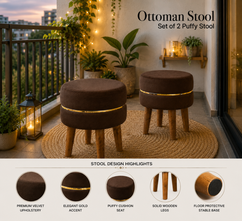 Velvet Ottoman Stool | Round Foot Rest for Living Room | Dressing Table Makeup Stool | Upholstered Puffy Seat with Solid Wood Legs | Bedroom, Vanity & Home Decor | 38 x 38 cm (15 x 15 Inch) Set of 2