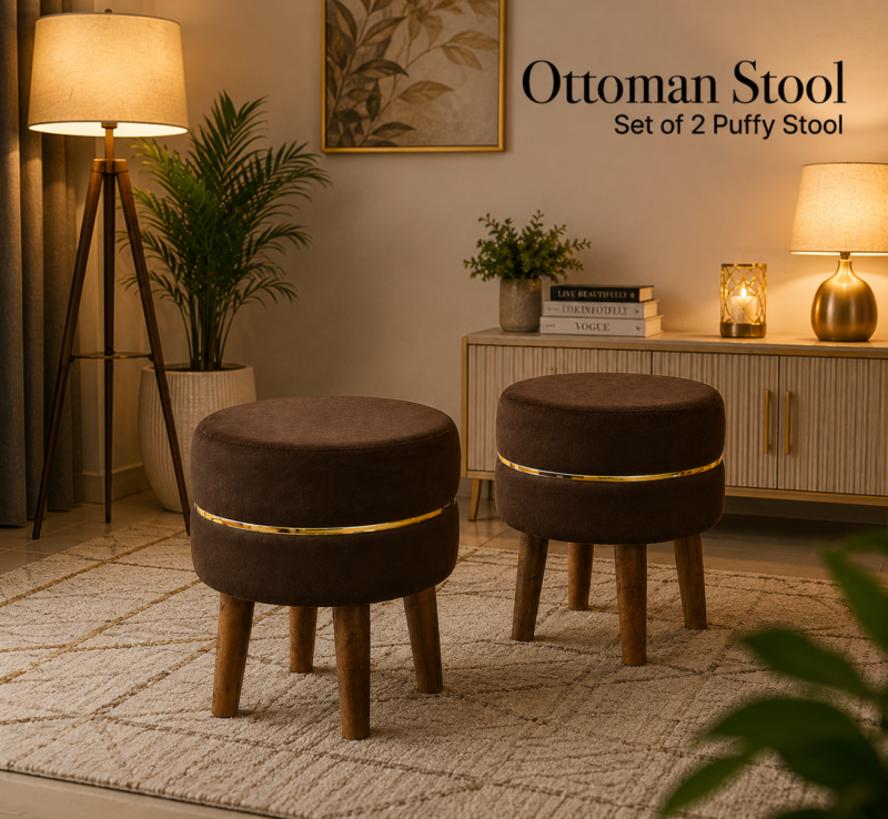 Velvet Ottoman Stool | Round Foot Rest for Living Room | Dressing Table Makeup Stool | Upholstered Puffy Seat with Solid Wood Legs | Bedroom, Vanity & Home Decor | 38 x 38 cm (15 x 15 Inch) Set of 2