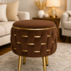 Half Knotted Ottoman Velvet Puffy Stool Set of 2 | Round Upholstered Foot Rest with Golden Metal Accent & Solid Wood Legs | Luxury Ottoman for Living Room, Bedroom, Makeup Vanity & Dressing Table | 15 x 15 Inch (38 x 38 cm)