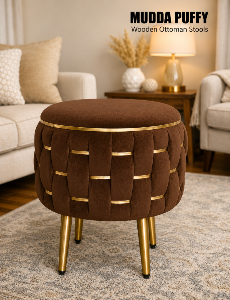 Half Knotted Ottoman Velvet Puffy Stool Set of 2 | Round Upholstered Foot Rest with Golden Metal Accent & Solid Wood Legs | Luxury Ottoman for Living Room, Bedroom, Makeup Vanity & Dressing Table | 15 x 15 Inch (38 x 38 cm)