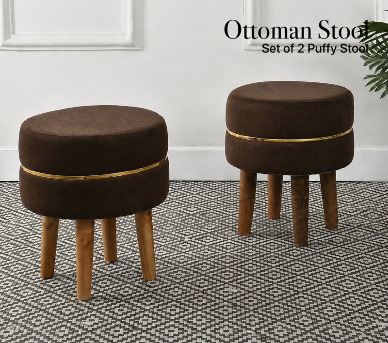 Velvet Ottoman Stool | Round Foot Rest for Living Room | Dressing Table Makeup Stool | Upholstered Puffy Seat with Solid Wood Legs | Bedroom, Vanity & Home Decor | 38 x 38 cm (15 x 15 Inch) Set of 2