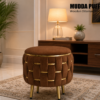 Half Knotted Ottoman Velvet Puffy Stool Set of 2 | Round Upholstered Foot Rest with Golden Metal Accent & Solid Wood Legs | Luxury Ottoman for Living Room, Bedroom, Makeup Vanity & Dressing Table | 15 x 15 Inch (38 x 38 cm)