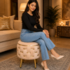 Half Knotted Ottoman Velvet Puffy Stool Set of 2 | Round Upholstered Foot Rest with Golden Metal Accent & Solid Wood Legs | Luxury Ottoman for Living Room, Bedroom, Makeup Vanity & Dressing Table | 15 x 15 Inch (38 x 38 cm)
