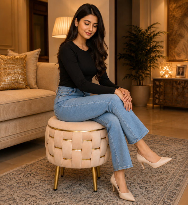 Half Knotted Ottoman Velvet Puffy Stool Set of 2 | Round Upholstered Foot Rest with Golden Metal Accent & Solid Wood Legs | Luxury Ottoman for Living Room, Bedroom, Makeup Vanity & Dressing Table | 15 x 15 Inch (38 x 38 cm)