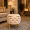 Half Knotted Ottoman Velvet Puffy Stool Set of 2 | Round Upholstered Foot Rest with Golden Metal Accent & Solid Wood Legs | Luxury Ottoman for Living Room, Bedroom, Makeup Vanity & Dressing Table | 15 x 15 Inch (38 x 38 cm)