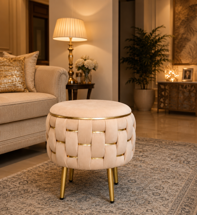 Half Knotted Ottoman Velvet Puffy Stool Set of 2 | Round Upholstered Foot Rest with Golden Metal Accent & Solid Wood Legs | Luxury Ottoman for Living Room, Bedroom, Makeup Vanity & Dressing Table | 15 x 15 Inch (38 x 38 cm)