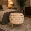 Half Knotted Ottoman Velvet Puffy Stool Set of 2 | Round Upholstered Foot Rest with Golden Metal Accent & Solid Wood Legs | Luxury Ottoman for Living Room, Bedroom, Makeup Vanity & Dressing Table | 15 x 15 Inch (38 x 38 cm)