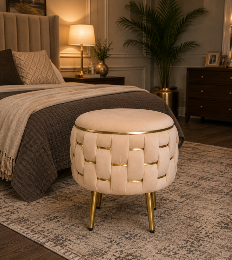 Half Knotted Ottoman Velvet Puffy Stool Set of 2 | Round Upholstered Foot Rest with Golden Metal Accent & Solid Wood Legs | Luxury Ottoman for Living Room, Bedroom, Makeup Vanity & Dressing Table | 15 x 15 Inch (38 x 38 cm)