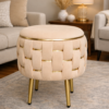 Half Knotted Ottoman Velvet Puffy Stool Set of 2 | Round Upholstered Foot Rest with Golden Metal Accent & Solid Wood Legs | Luxury Ottoman for Living Room, Bedroom, Makeup Vanity & Dressing Table | 15 x 15 Inch (38 x 38 cm)