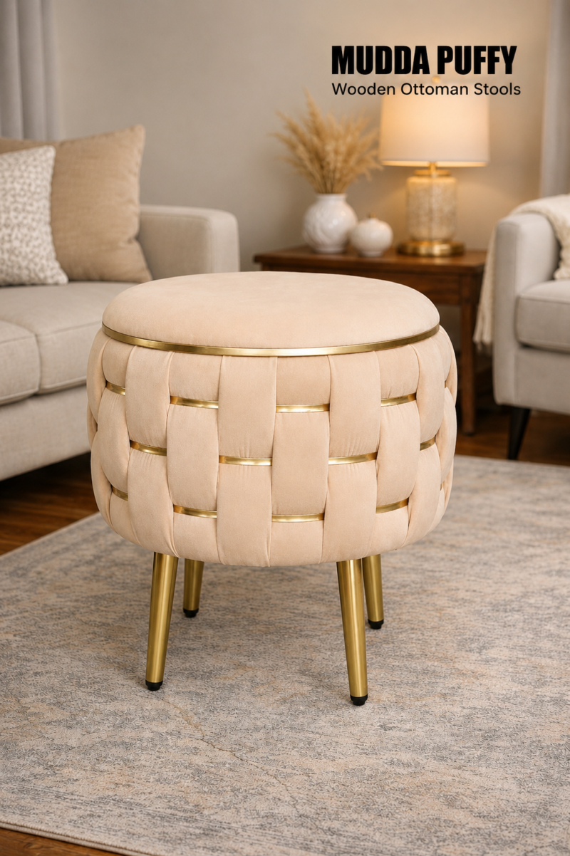 Half Knotted Ottoman Velvet Puffy Stool Set of 2 | Round Upholstered Foot Rest with Golden Metal Accent & Solid Wood Legs | Luxury Ottoman for Living Room, Bedroom, Makeup Vanity & Dressing Table | 15 x 15 Inch (38 x 38 cm)