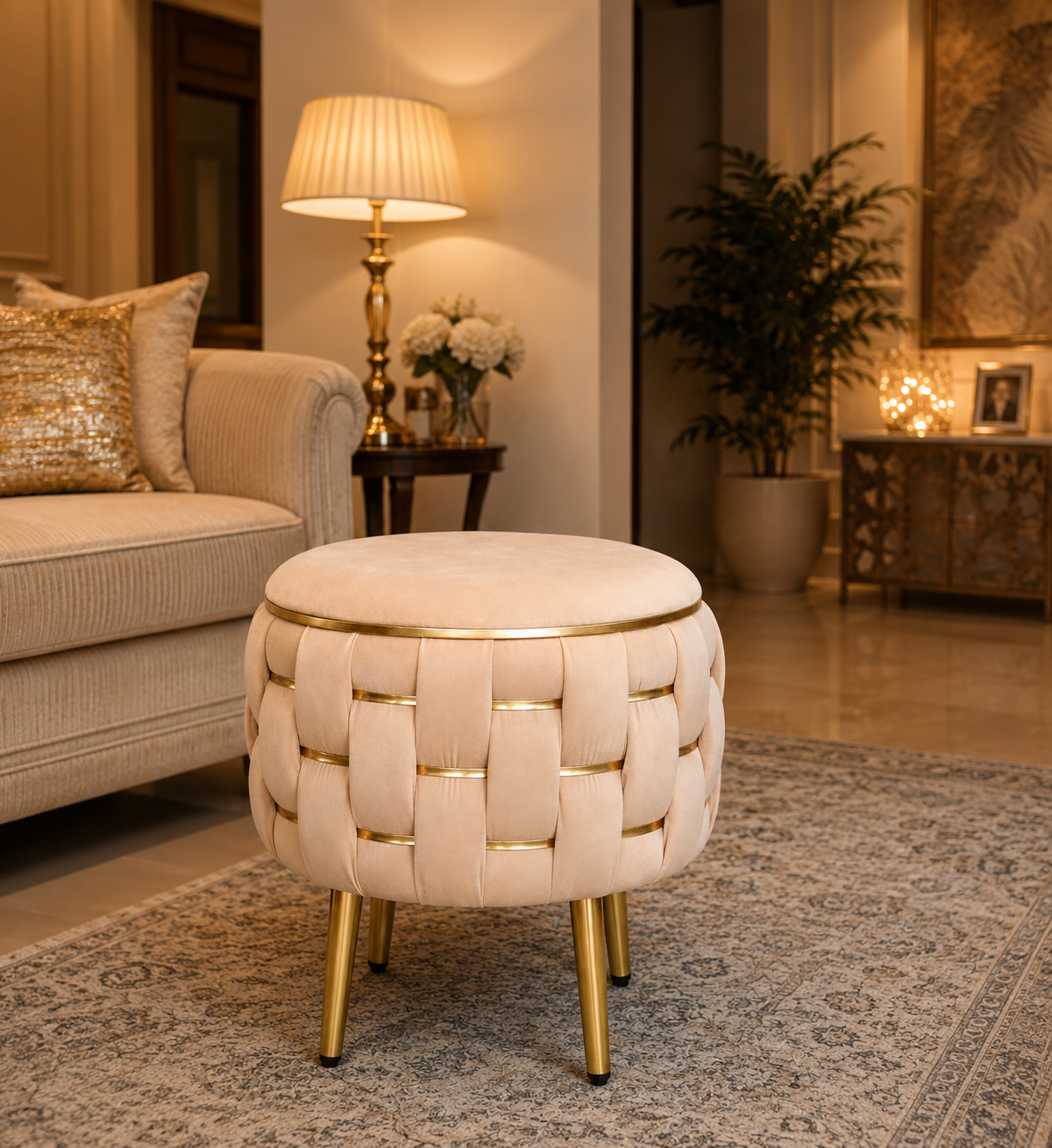 Half Knotted Ottoman Velvet Puffy Stool Set of 2 | Round Upholstered Foot Rest with Golden Metal Accent & Solid Wood Legs | Luxury Ottoman for Living Room, Bedroom, Makeup Vanity & Dressing Table | 15 x 15 Inch (38 x 38 cm)