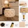 Half Knotted Ottoman Velvet Puffy Stool Set of 2 | Round Upholstered Foot Rest with Golden Metal Accent & Solid Wood Legs | Luxury Ottoman for Living Room, Bedroom, Makeup Vanity & Dressing Table | 15 x 15 Inch (38 x 38 cm)