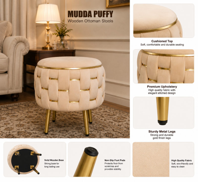 Half Knotted Ottoman Velvet Puffy Stool Set of 2 | Round Upholstered Foot Rest with Golden Metal Accent & Solid Wood Legs | Luxury Ottoman for Living Room, Bedroom, Makeup Vanity & Dressing Table | 15 x 15 Inch (38 x 38 cm)