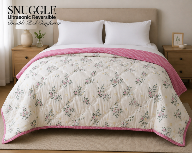 SNUGGLE Premium Ultrasonic Reversible Double Bed Comforter | All Season Quilt | Imported Glace Cotton (Cotton Feel) | Soft Microfiber Filling | 90 x 100 Inches | Light weight & Cozy | Attractive Bag Packing |