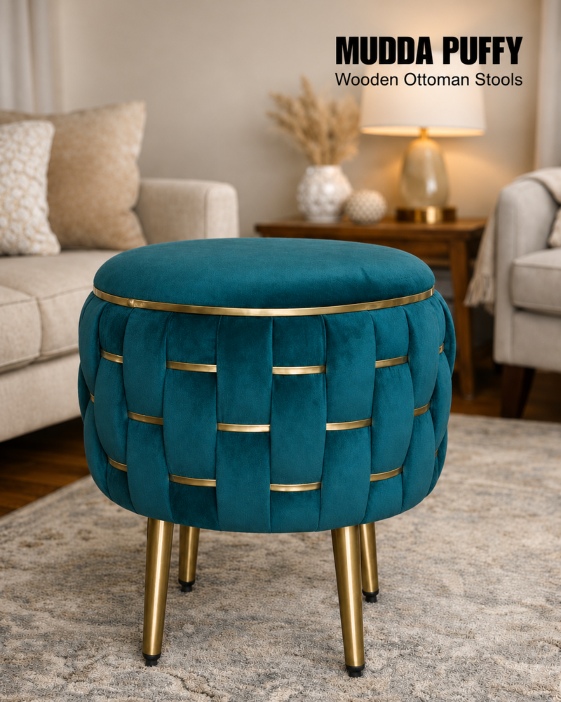 Half Knotted Ottoman Velvet Puffy Stool Set of 2 | Round Upholstered Foot Rest with Golden Metal Accent & Solid Wood Legs | Luxury Ottoman for Living Room, Bedroom, Makeup Vanity & Dressing Table | 15 x 15 Inch (38 x 38 cm)