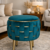 Half Knotted Ottoman Velvet Puffy Stool Set of 2 | Round Upholstered Foot Rest with Golden Metal Accent & Solid Wood Legs | Luxury Ottoman for Living Room, Bedroom, Makeup Vanity & Dressing Table | 15 x 15 Inch (38 x 38 cm)
